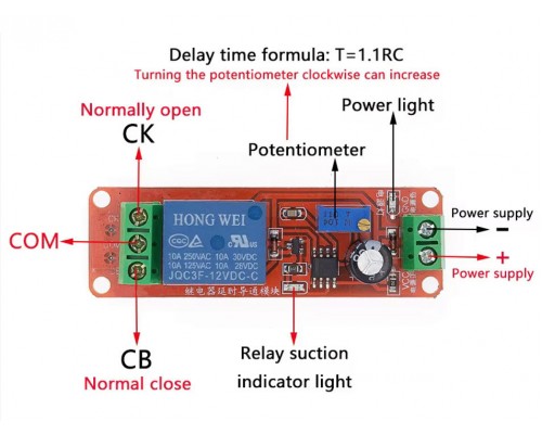 Modul časového zpoždění připojení s relé na základe IO NE555, 12V DC, nastavitelné 1 ~ 10s.