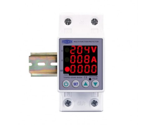 Inteligentní ochrana 3v1 na DIN lištu, 3v1 - nastavitelná proti přepětí, podpětí, nadproudu a měřič spotřeby energie kWh, třířádkový LCD, 63A 220V.