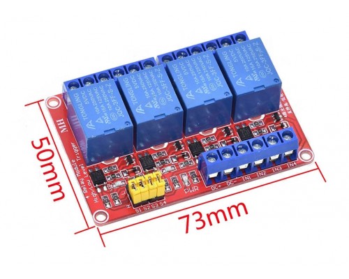 Modul relé 4 kanály s optickým oddělením, 12V DC, 250V AC, 10A, s nastavitelným spouštěcím signálem.